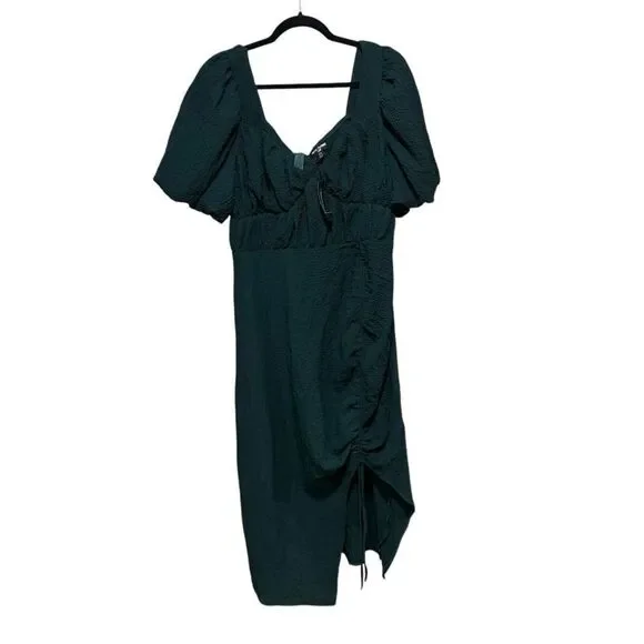 Prettylittlething EMERALD GREEN PUFF SLEEVE RUCHED SIDE SPLIT MIDI DRESS